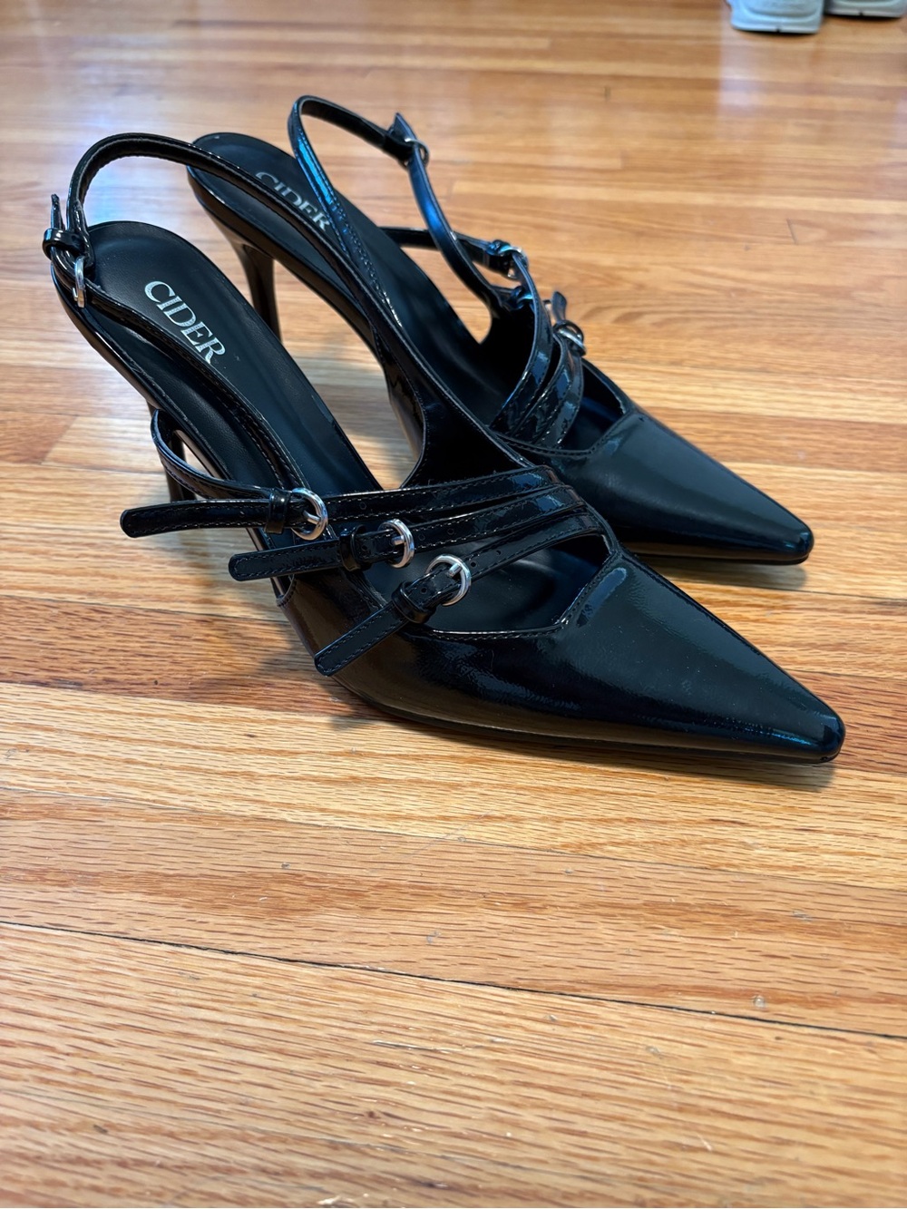 Cider Black Patent Pointed Slingback Heels with Triple Straps